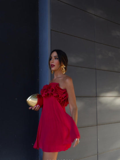 Red Ruffled Pleated Strapless Mini Dress
