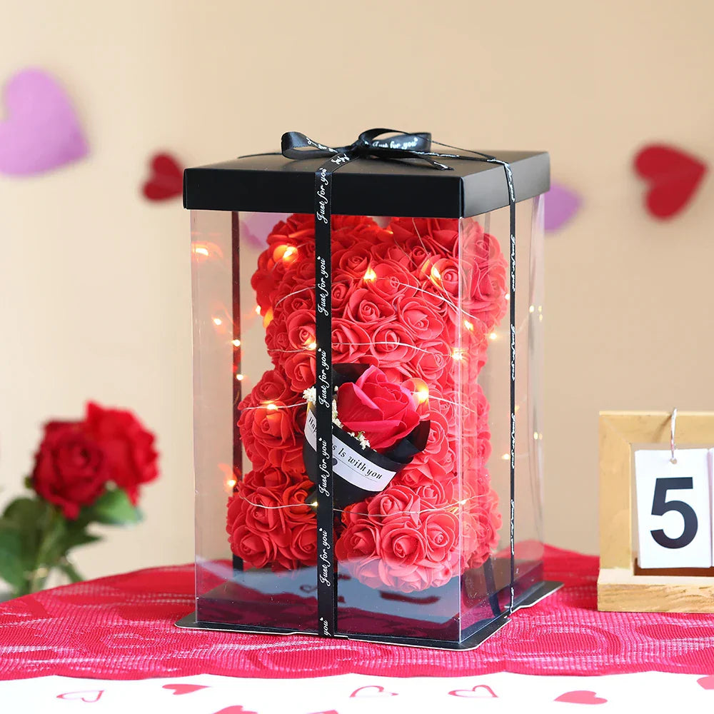 25cm Teddy Rose Bear with Lighted Box Artificial Flower Gift for Valentine's Day and Special Occasions