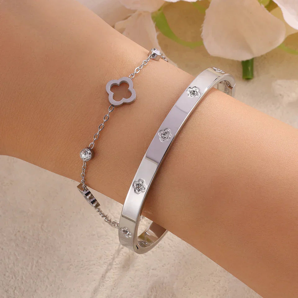 Four Leaf Clover Zircon Stainless Steel Bracelet