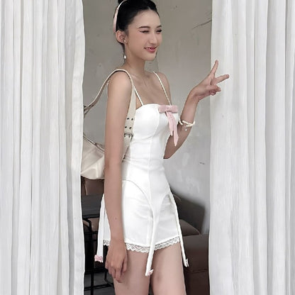 White Bow Design Top And Mini Skirt Set