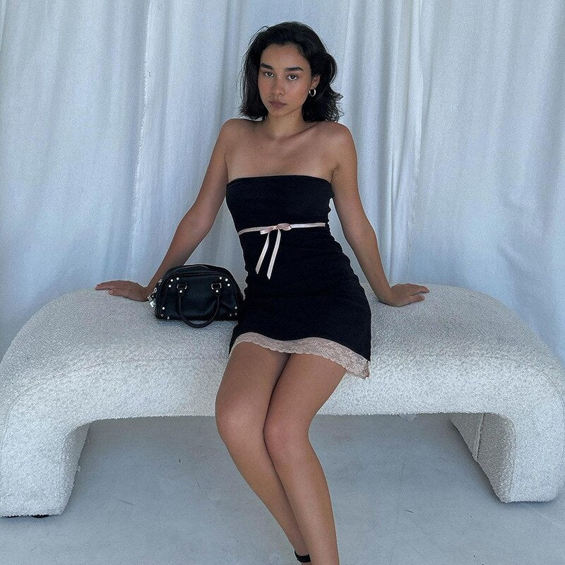 Black Tube Bow Lace Trim Mini Dress