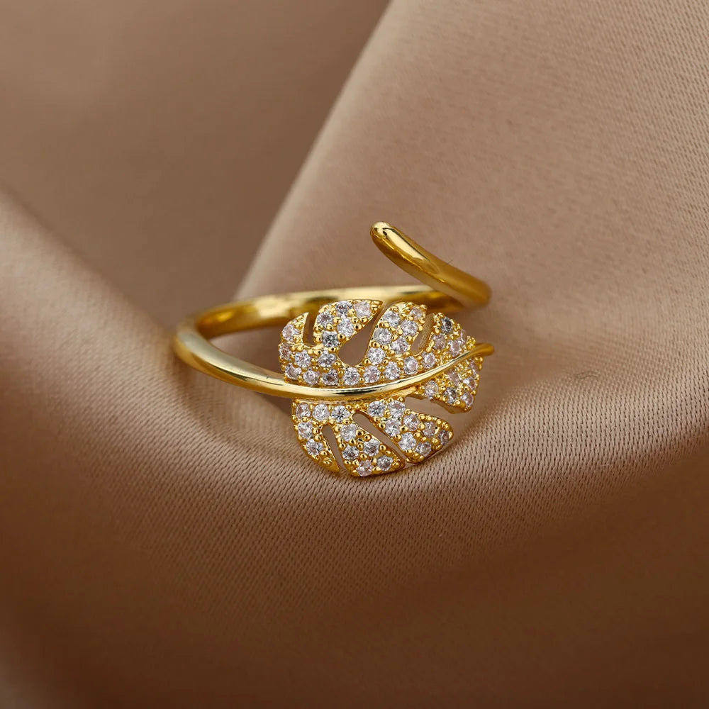 Gold Palm Leaf Adjustable Ring with Zircon Accents