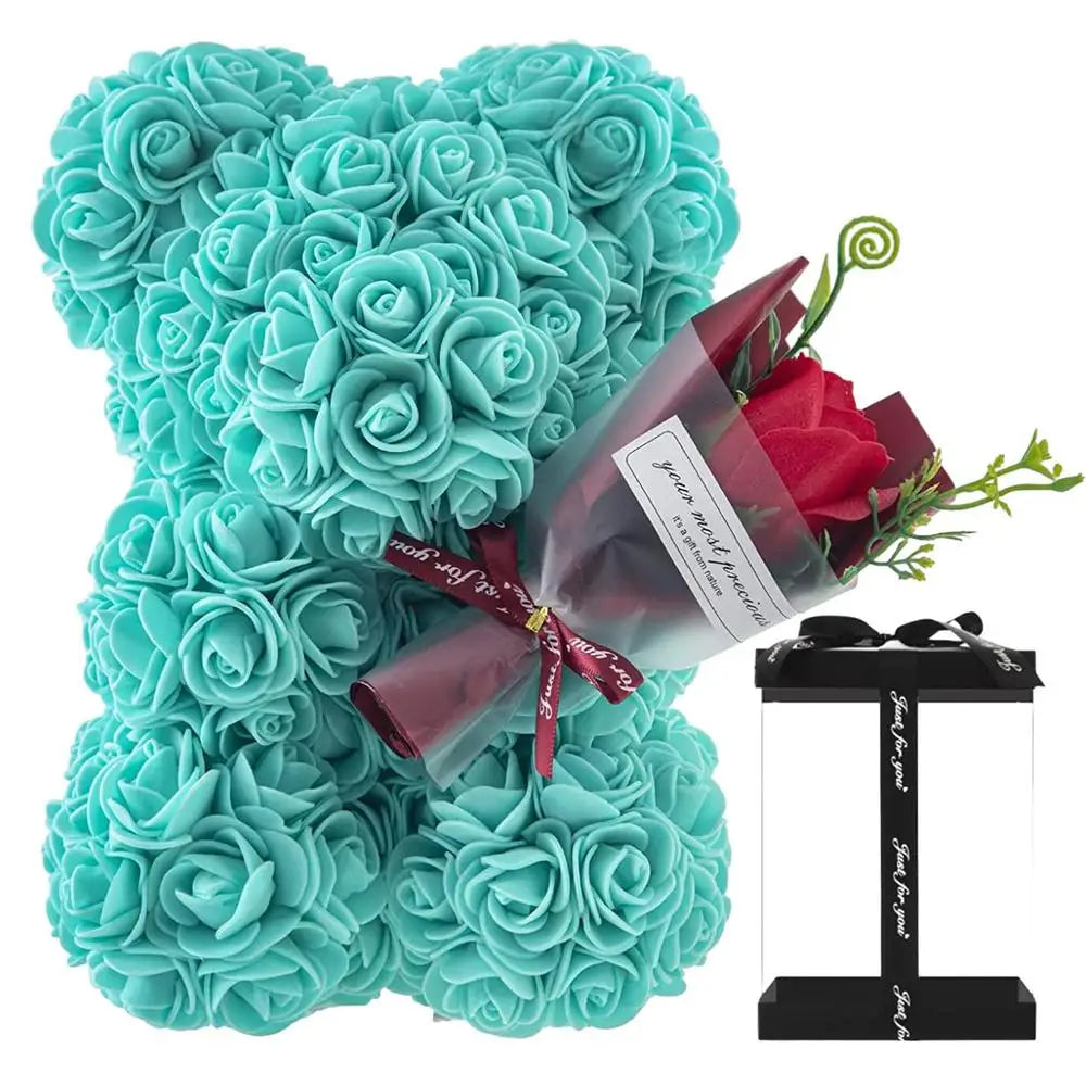 Rose Bear in Clear Box - Handmade Artificial Flower Gift for Valentine's Day, Birthday, or Special Occasion