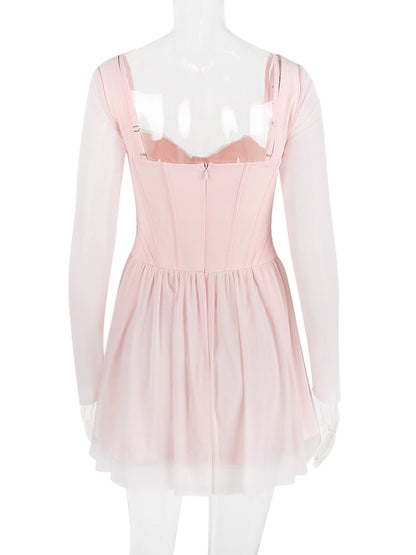Pink Long Sleeve Bustier Frill Mini Dress