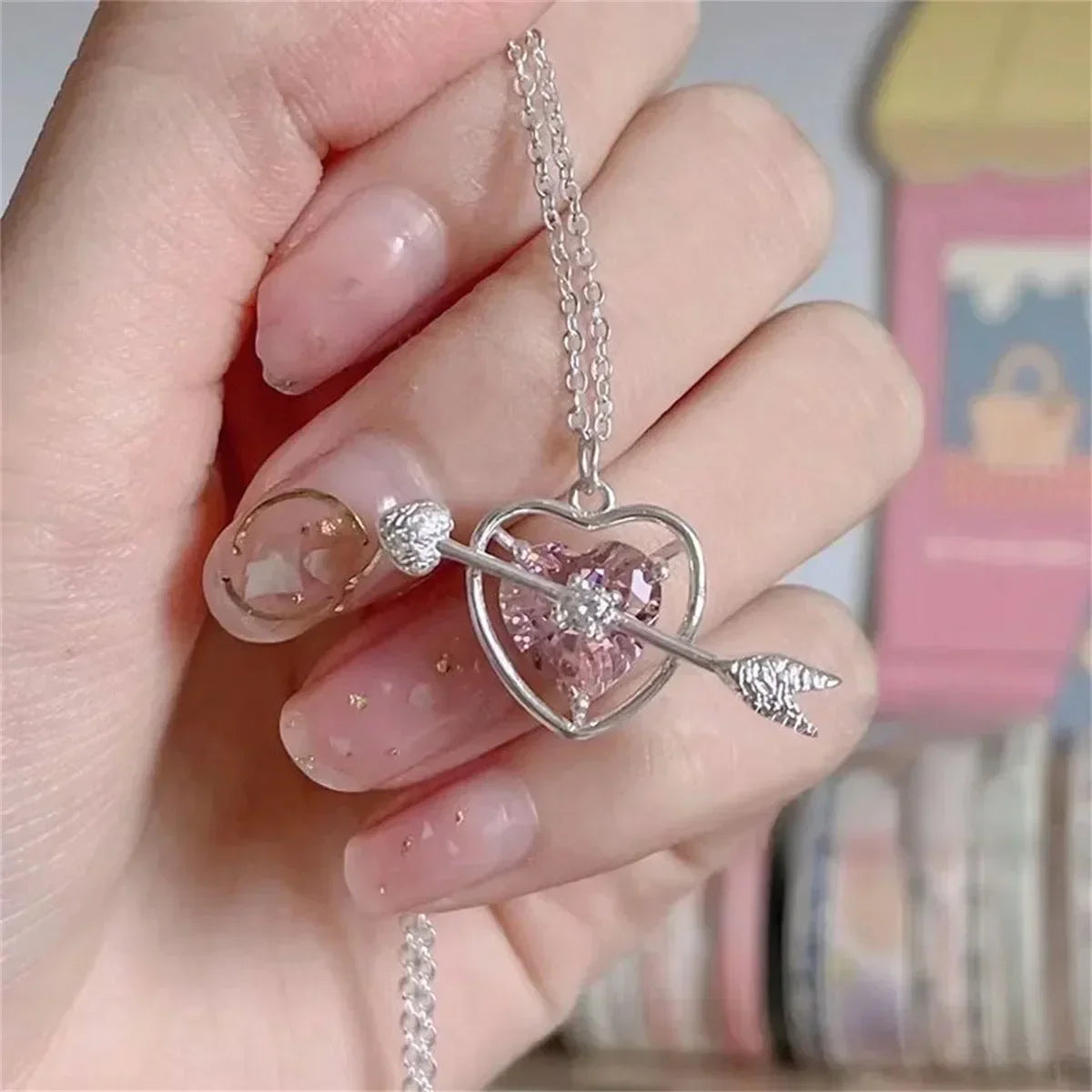 Pink Crystal Bow Pendant Necklace for Women