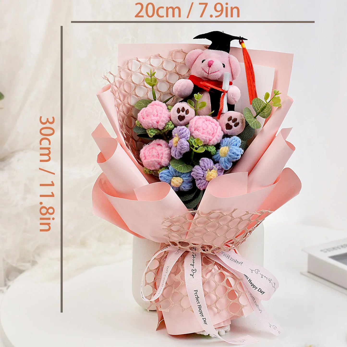 Handmade Crochet Flower Bouquet with Sunflower, Rose, and Bear - Gift for Graduation, Birthday, or Christmas