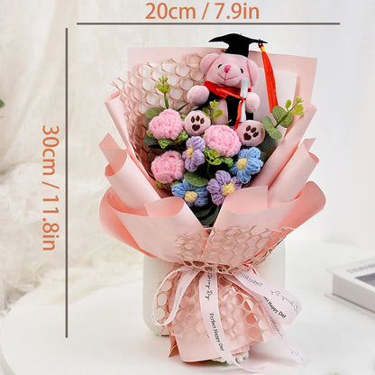 Handmade Crochet Flower Bouquet with Sunflower, Rose, and Bear - Gift for Graduation, Birthday, or Christmas