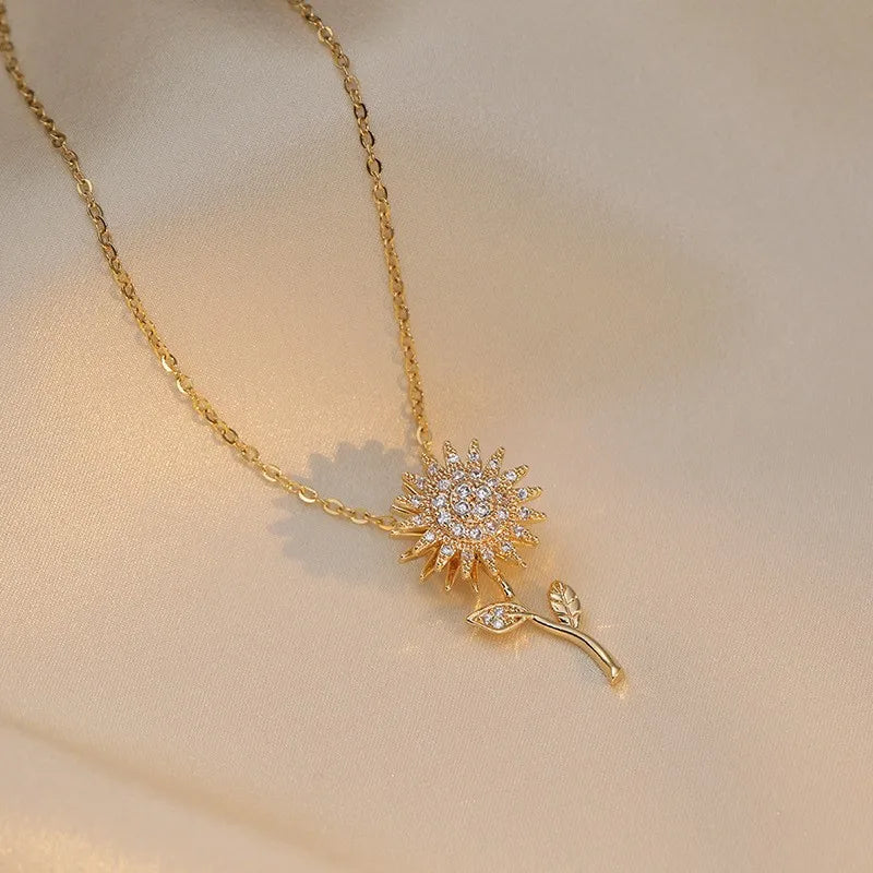 Double Layer Rotating Sunflower Stainless Steel Necklace