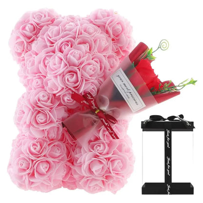 Rose Bear in Clear Box - Handmade Artificial Flower Gift for Valentine's Day, Birthday, or Special Occasion