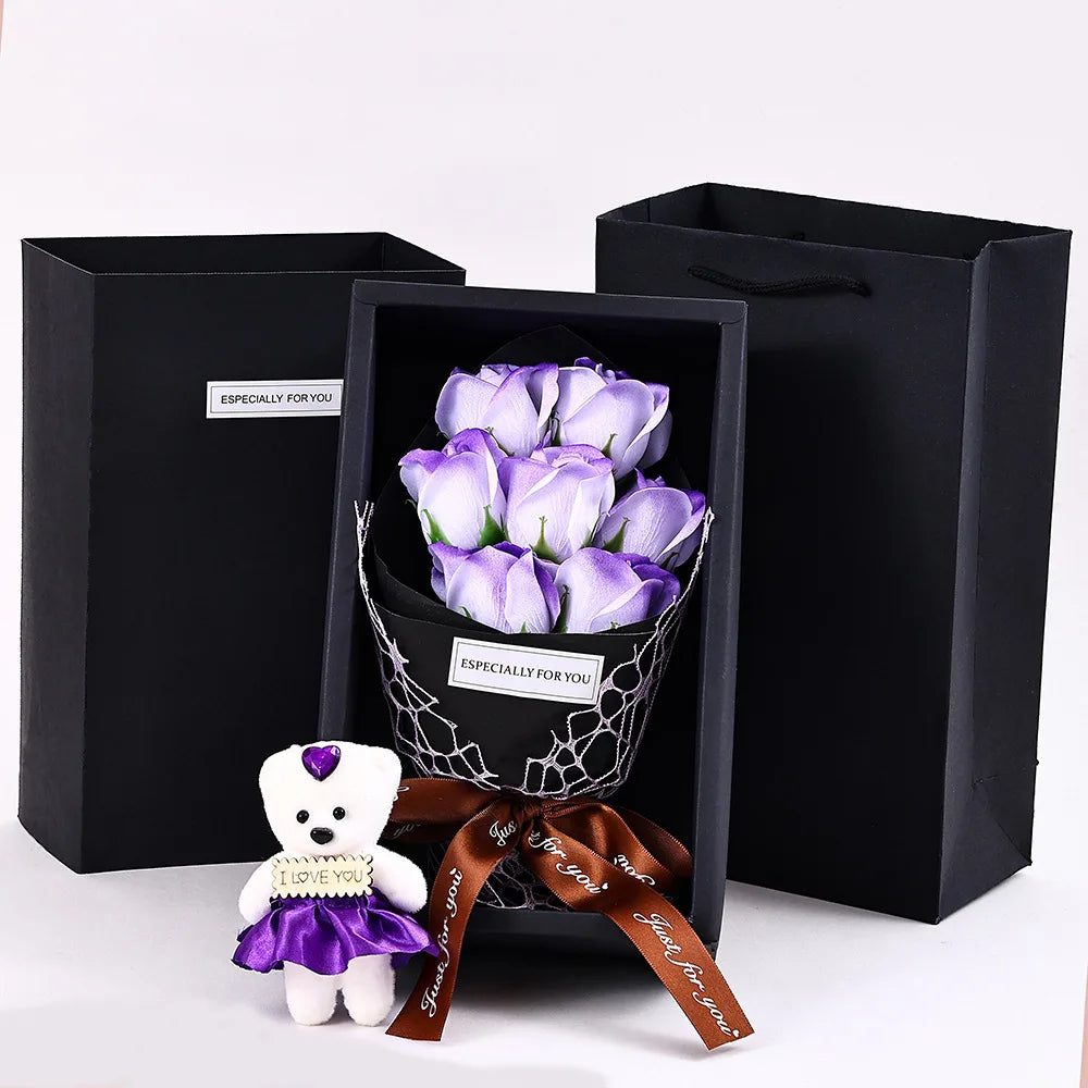7-Head Rose Bouquet with Little Bear Gift Box Handmade Artificial Flowers for Valentine's Day and Special Occasions