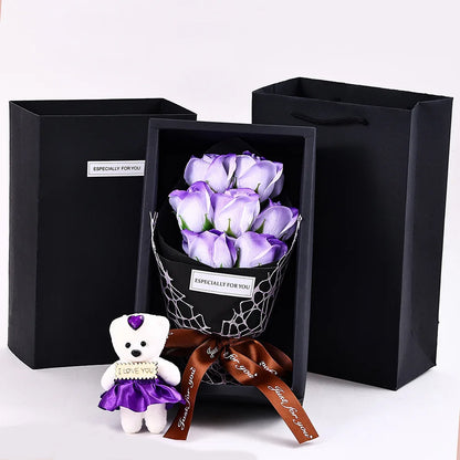 7-Head Rose Bouquet with Little Bear Gift Box Handmade Artificial Flowers for Valentine's Day and Special Occasions