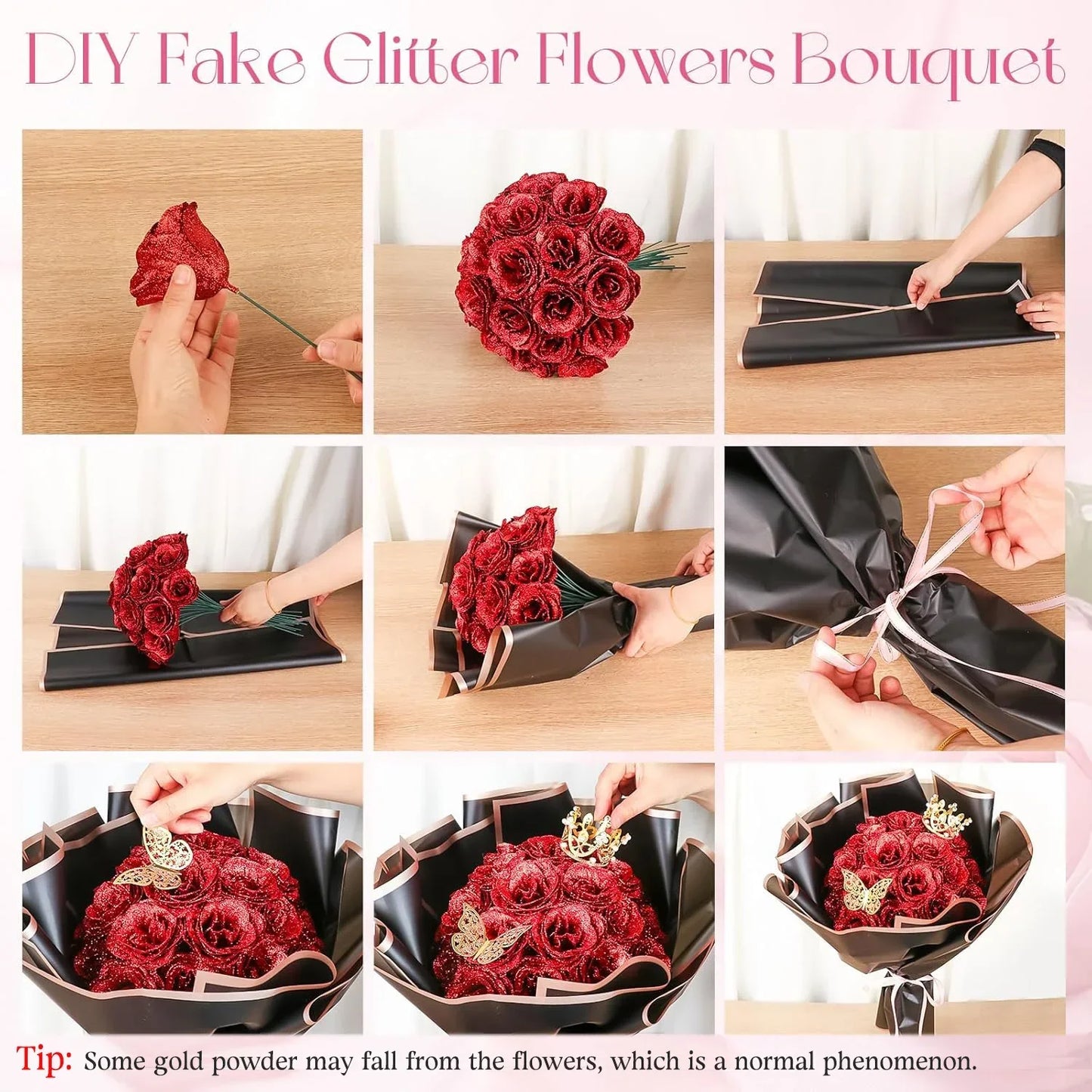 24-Piece Artificial Roses with Golden Butterflies - DIY Home and Wedding Decoration