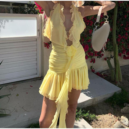 Frill Deep Neck Halter Mini Ruched Dress