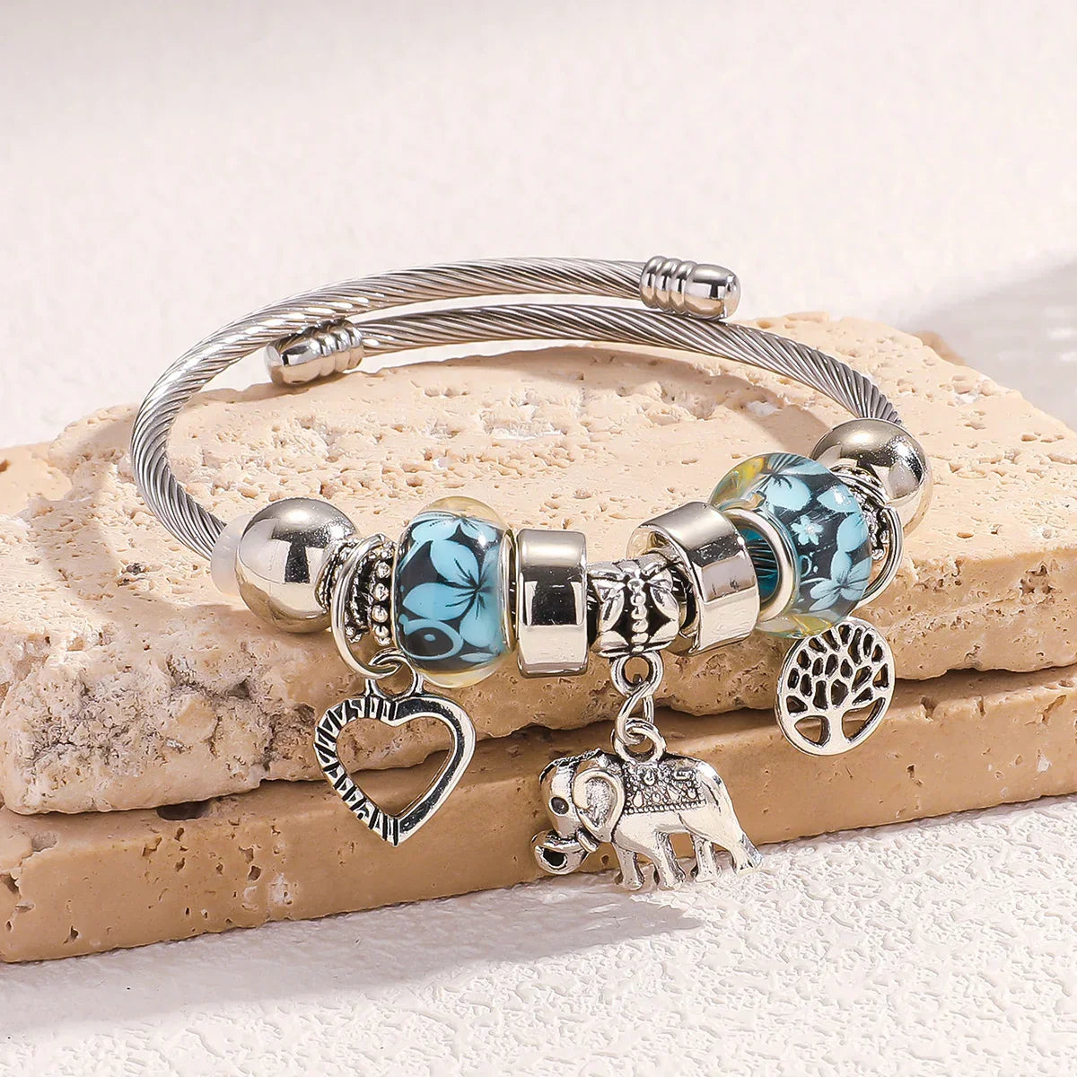 Silver Elephant and Heart Tree Charm Cuff Bracelet for Women