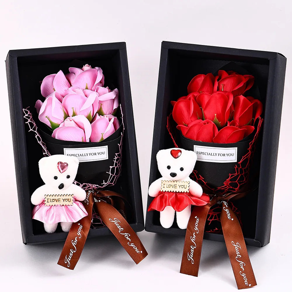 7-Head Rose Bouquet with Little Bear Gift Box Handmade Artificial Flowers for Valentine's Day and Special Occasions