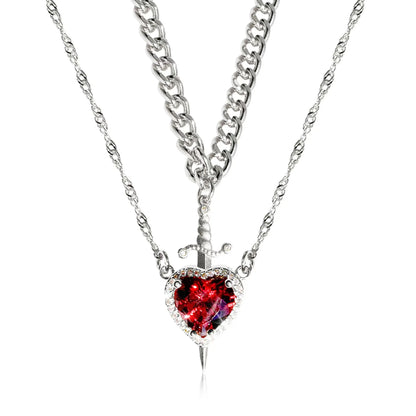 Heart and Sword Zircon Pendant Necklace Set