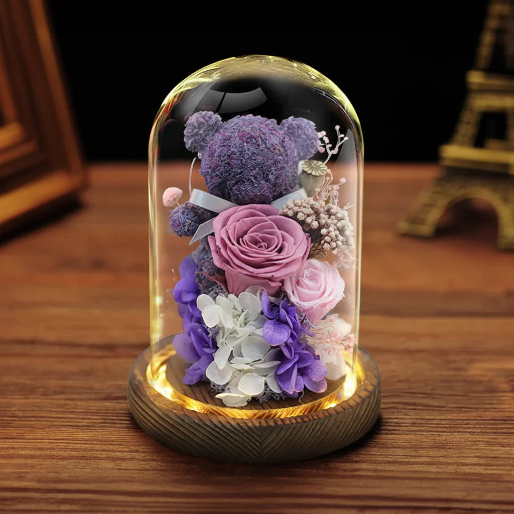 Eternal Preserved Rose Teddy Bear Gift Box with Lights
