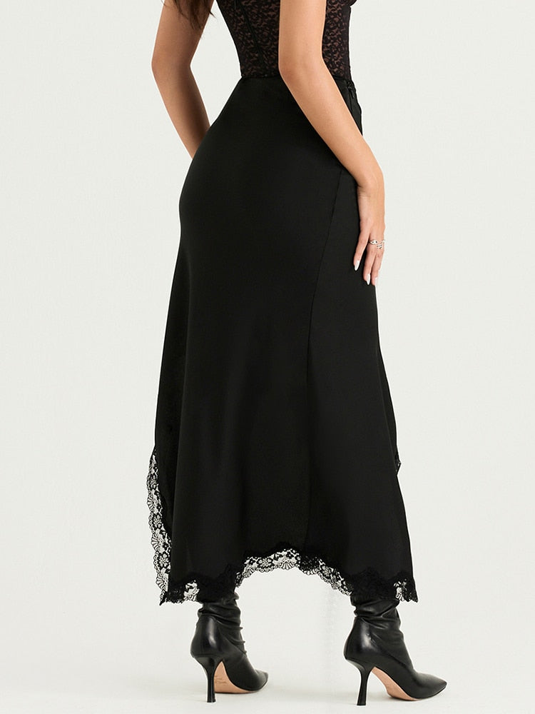 Black Lace Strap Top And Slit Lace Trim Midi Skirt Set