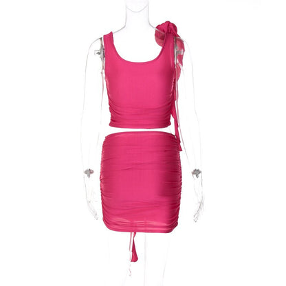 Flower Frill Applique Top and Bodycon Mini Skirt Set