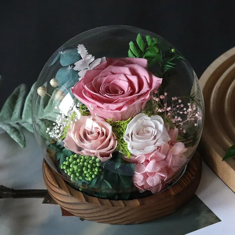 Preserved Red Rose and Carnation Dome with Wooden Base