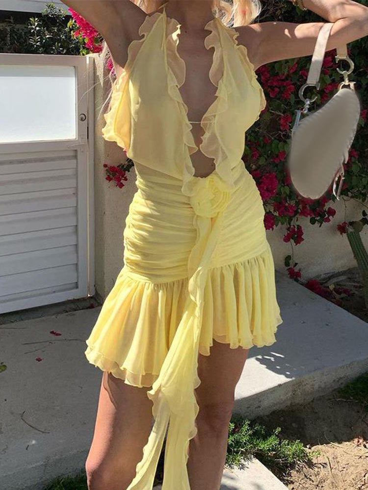 Frill Deep Neck Halter Mini Ruched Dress
