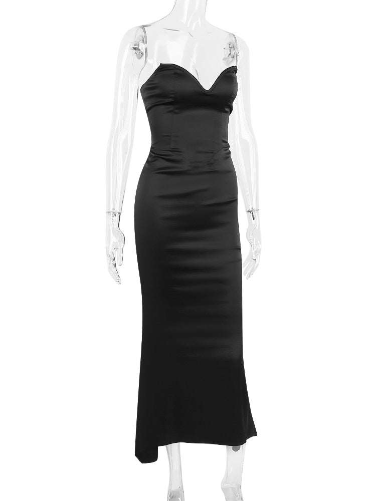 Black Satin Sweetheart Bodycon Midi Dress