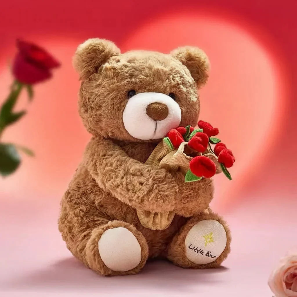 Kawaii Teddy Bear with Roses Plush - Soft Stuffed Bear for Valentine's Day and Romantic Gifts