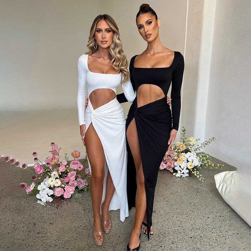Long Sleeve Cut Out High Split Maxi Dress