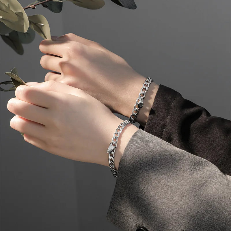 Magnetic Heart Couple Bracelet Set in Stainless Steel