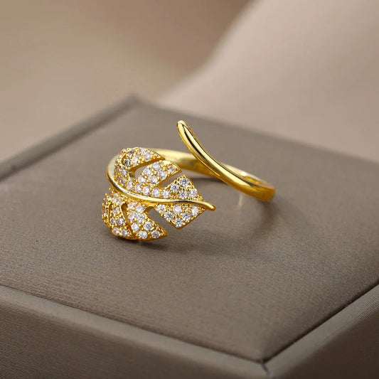 Gold Palm Leaf Adjustable Ring with Zircon Accents