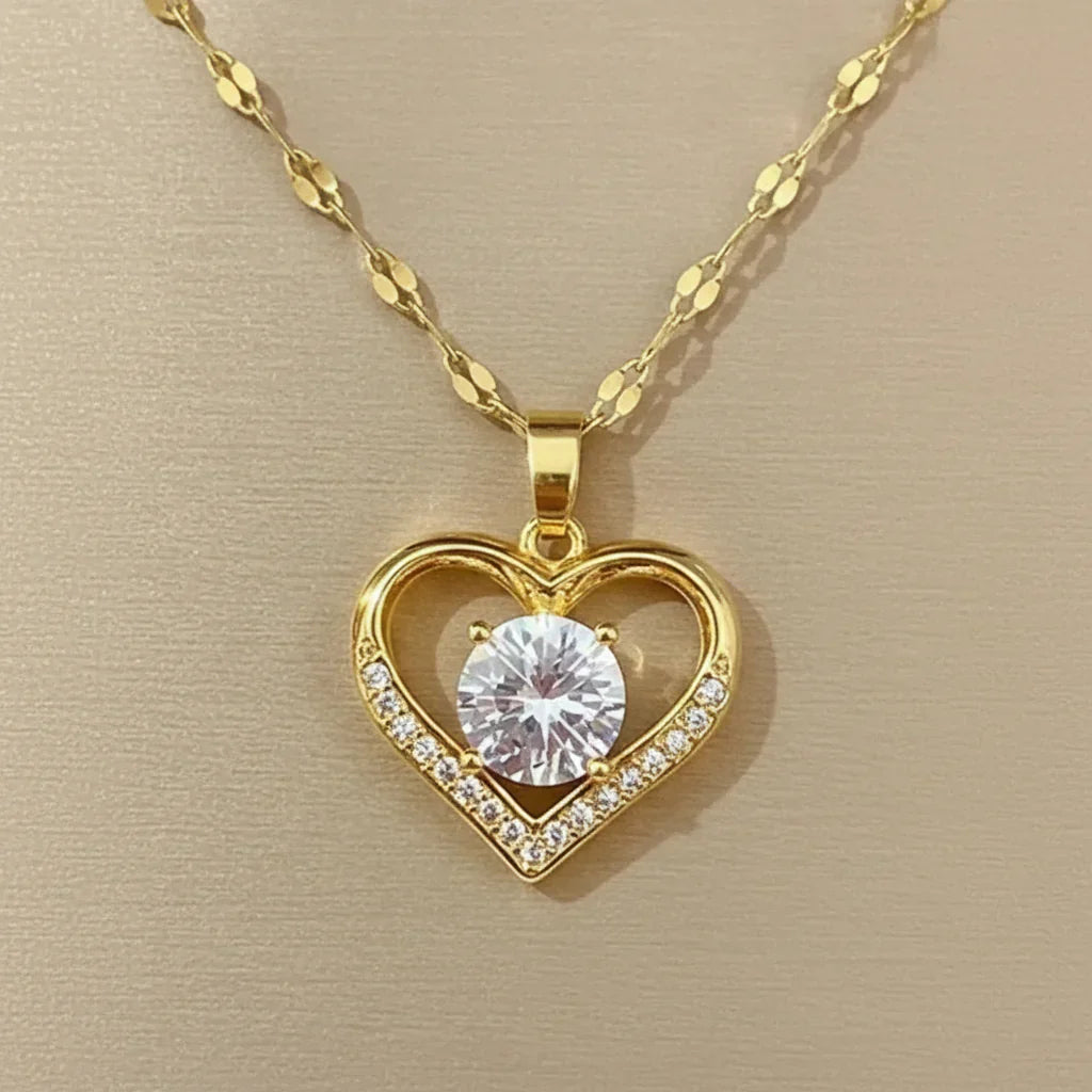 Golden Heart Pendant Necklace with Zircon Accent