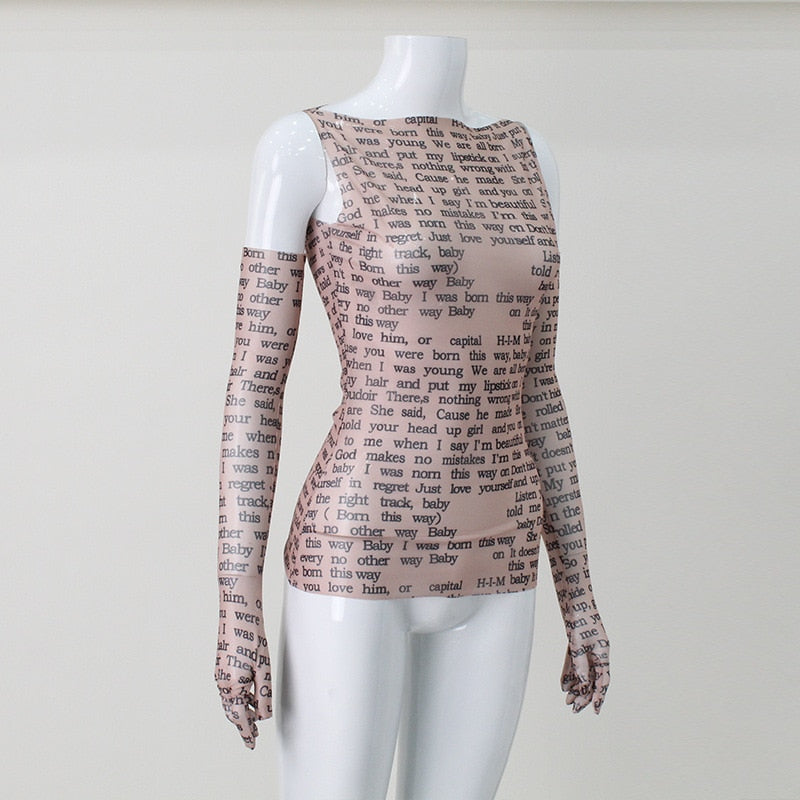 Mesh Letter Print Sleeveless Top With Gloves