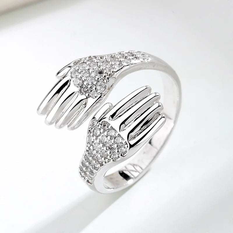Adjustable Hug Hands Couple Ring in Silver Tone