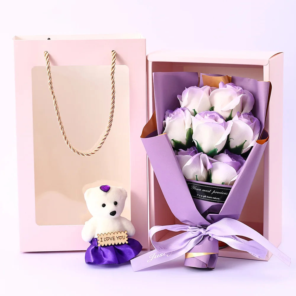 Soap Rose Bouquet with Teddy Bear Gift Box
