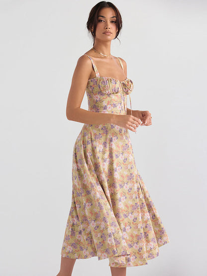 Floral Print Tie-Up Strap Flowy Midi Dress