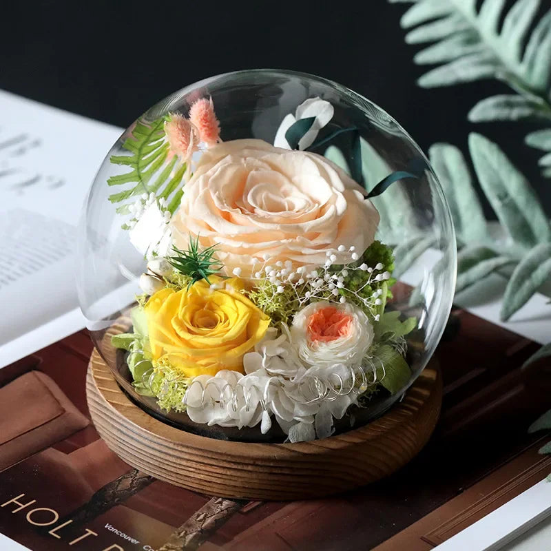 Preserved Red Rose and Carnation Dome with Wooden Base