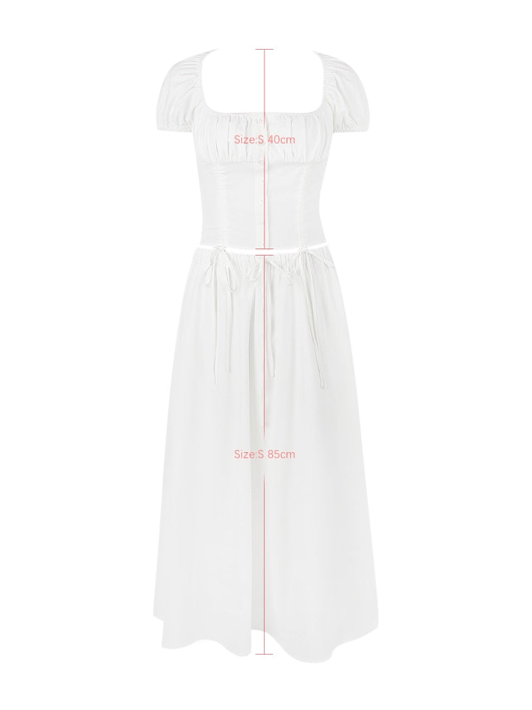 White Buttoned Drawstring Crop Top and Midi Skirt Two Piece Set