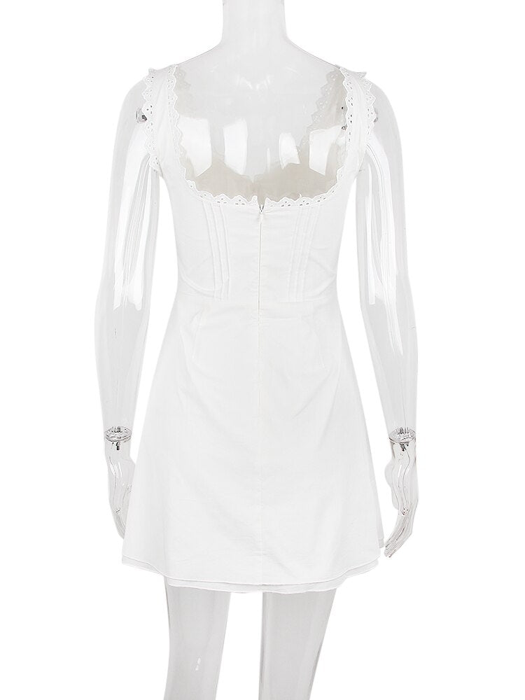 White Cupped Doily Strap V-neck Mini Dress