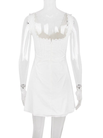 White Cupped Doily Strap V-neck Mini Dress