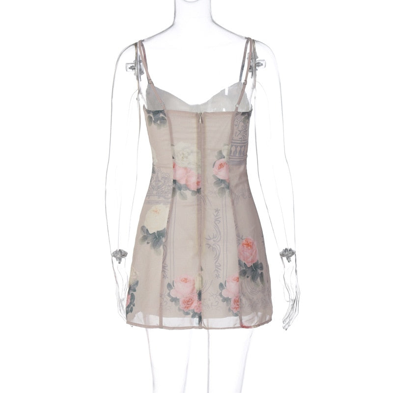Mesh Layered Floral Strap Mini Dress