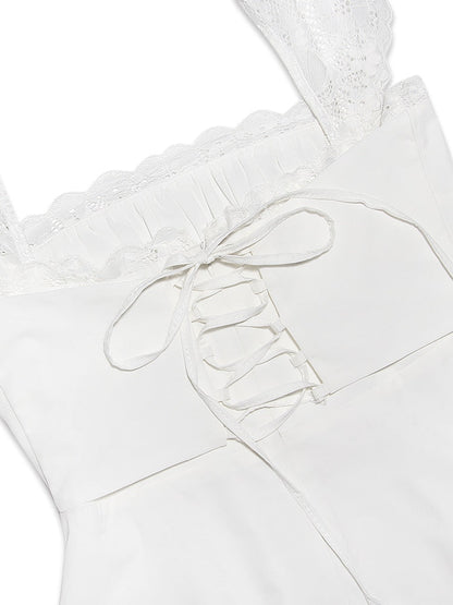 Lace Trim Square Neck Frill Mini Dress