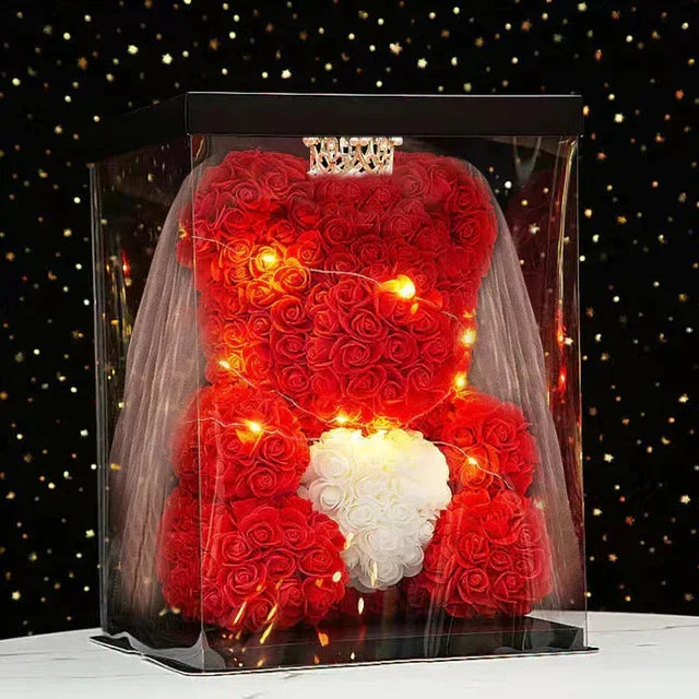 Eternal Rose Teddy Bear 25cm with Gift Box and Warm Lights