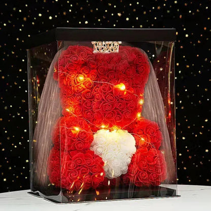 Eternal Rose Teddy Bear 25cm with Gift Box and Warm Lights