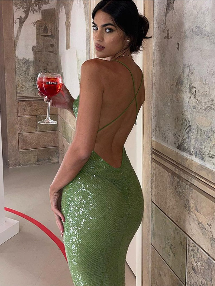Green Sequin Backless Maxi Dress