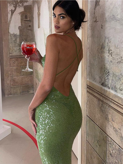 Green Sequin Backless Maxi Dress