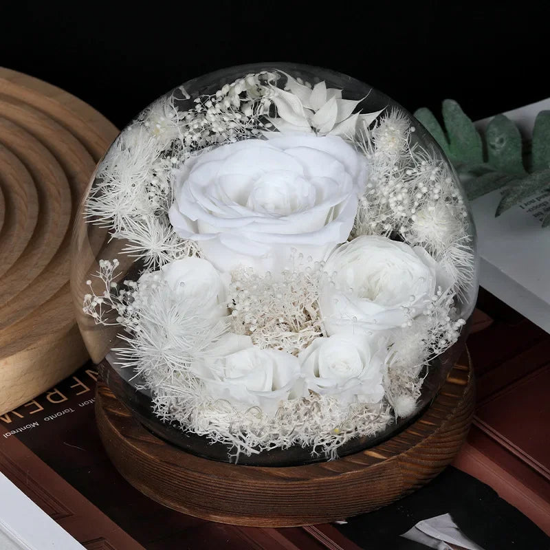 Preserved Red Rose and Carnation Dome with Wooden Base
