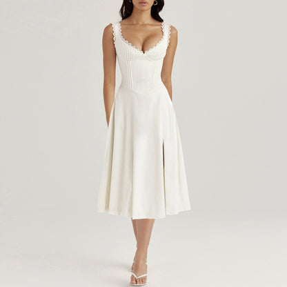 V-neck Doily Trim Frill Midi Dress