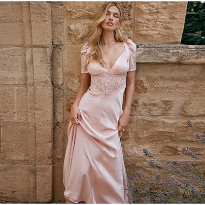 Pink Satin V-Neck Puff Sleeve Lace Patchwork Midi Dress