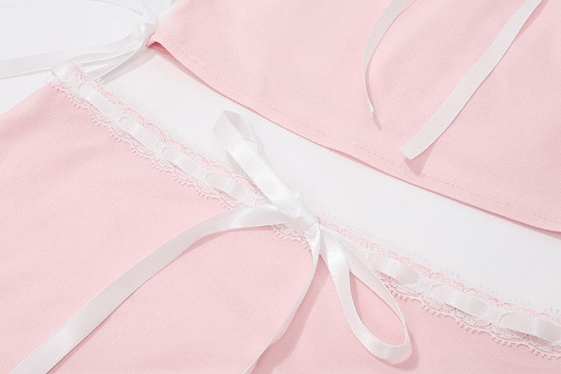 Pink Lace Bow Cami Top And Mini Skirt Set