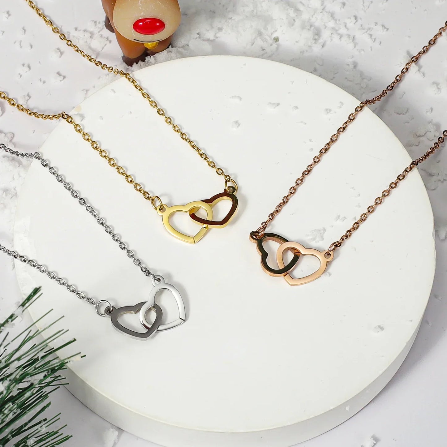 Personalized Double Heart Necklace with Rose Gift Box